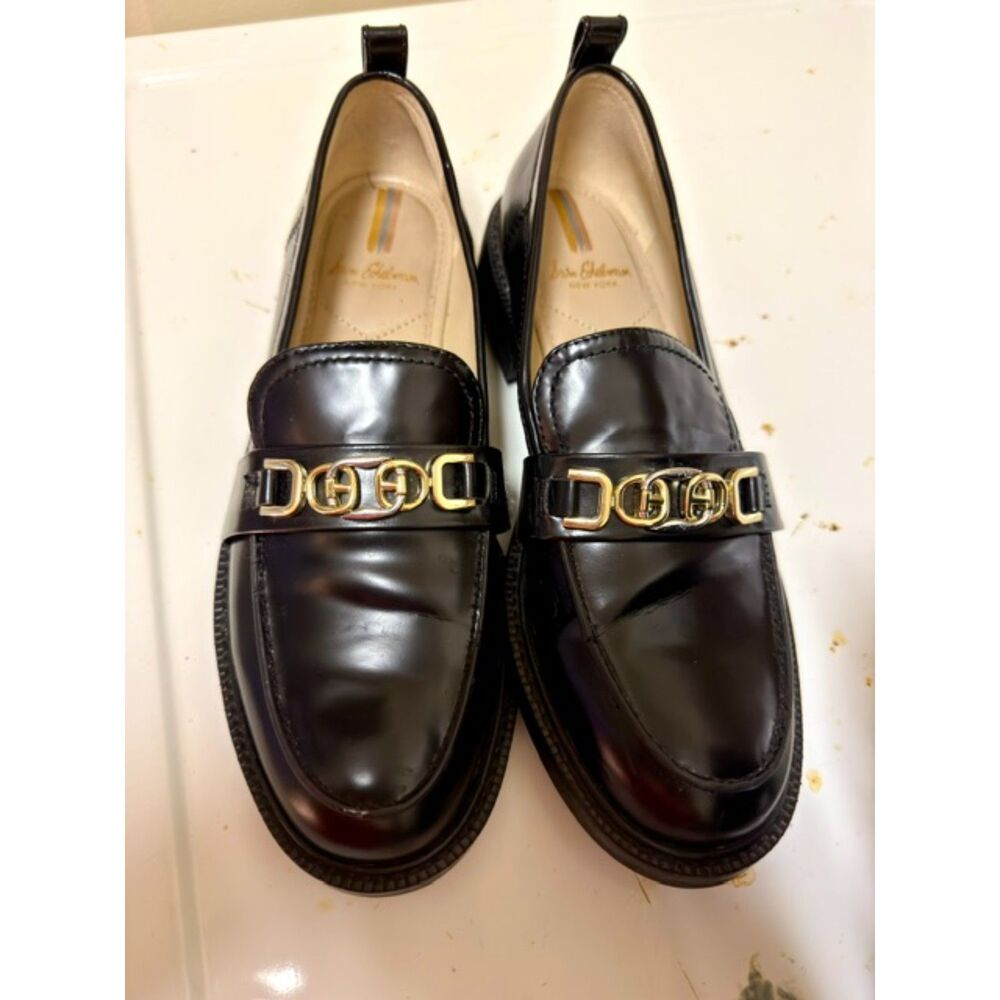 Sam Edelman Christy Black Patent Leather Loafers with Chain Accent Size 7M